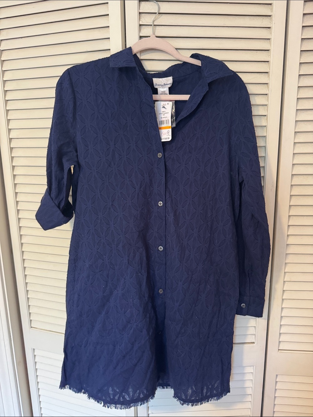 Tommy Bahama Textured Navy Button-Front Tunic Dress